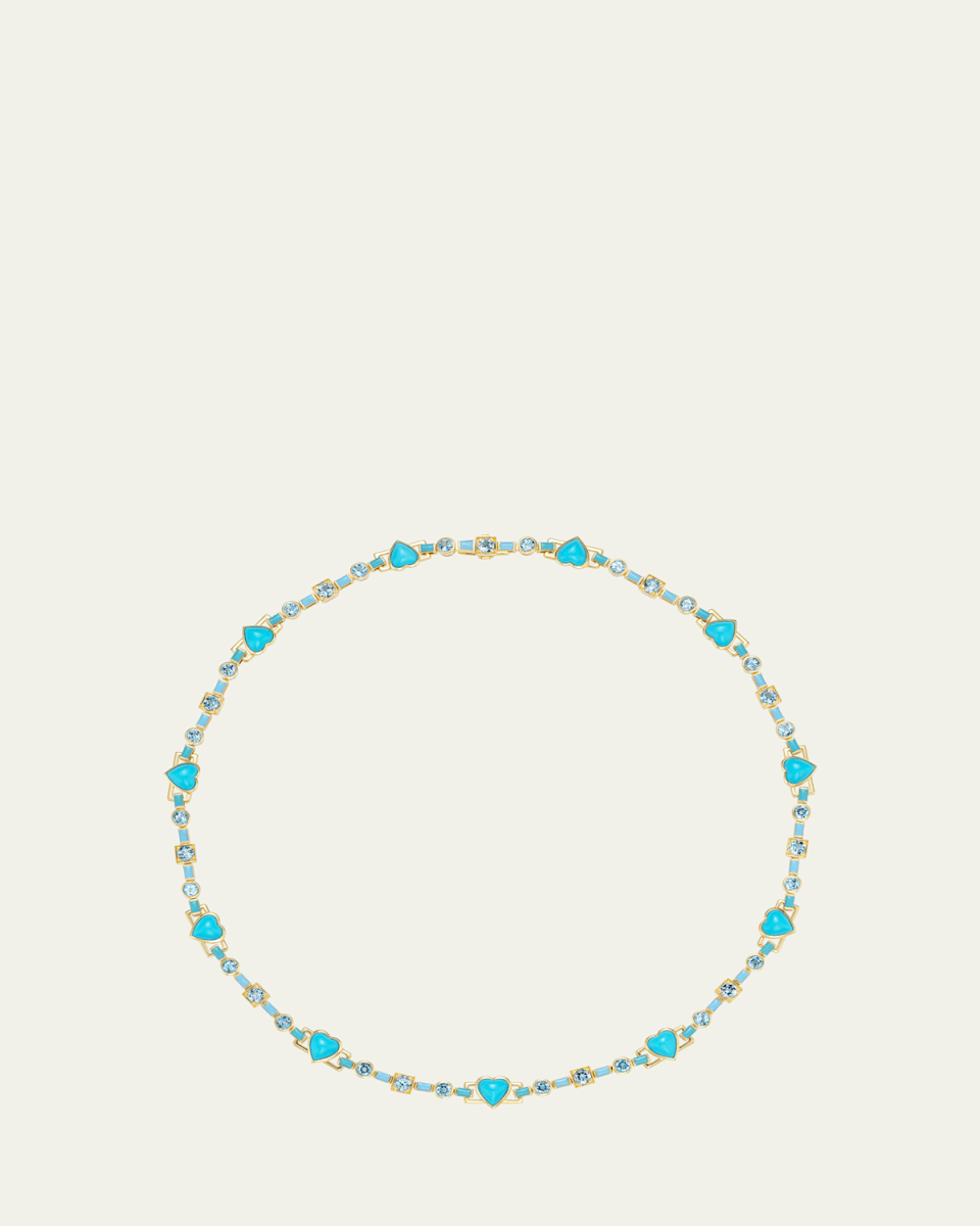 18K Yellow Gold Blue Heart Tennis Necklace